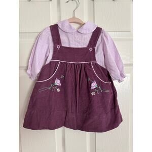 Vintage Purple Floral Corduroy Jumper Dress and Peter Pan Collar Shirt Size 2